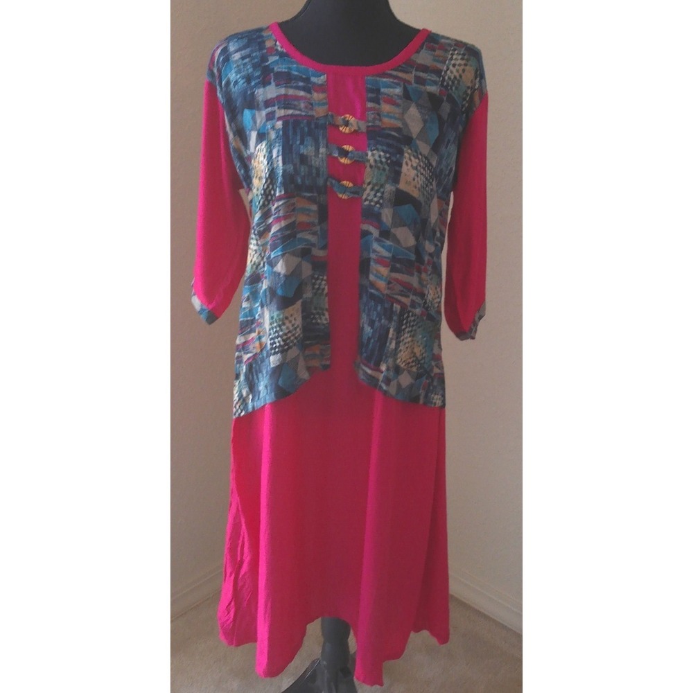 KUNWAR SA WOMENS XXL DRESS PINK WITH WOODEN BUTTONS AND MOCK VEST